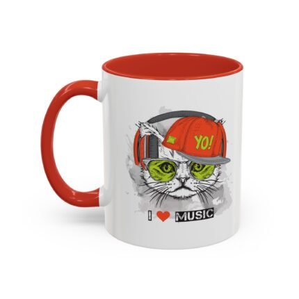 Cool Cat Music Mug featuring a cat with musical elements.