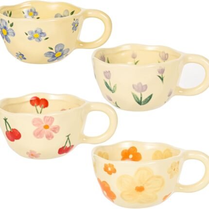 Ceramic Coffee Mug Set of 4 Vintage Flower Mugs 8 oz Cute Fl...